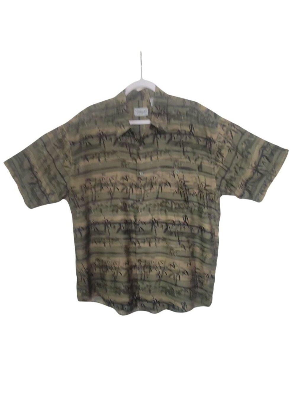 Windham Pointe Mens Tropical Bamboo Print Silk Blend Button-Up Shirt Large